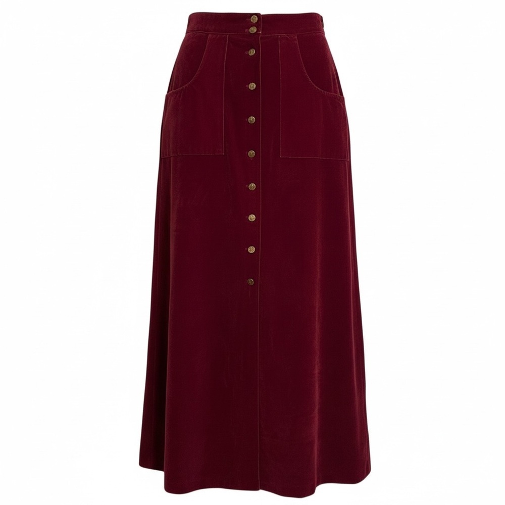 Vintage 70s Burgundy Velveteen Button Front Maxi Skirt‎ Boho Folk Hippie Medium